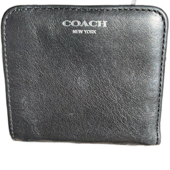Coach Womens Black Silver Bi-Fold Leather Snap Wallet EUC - Picture 1 of 7